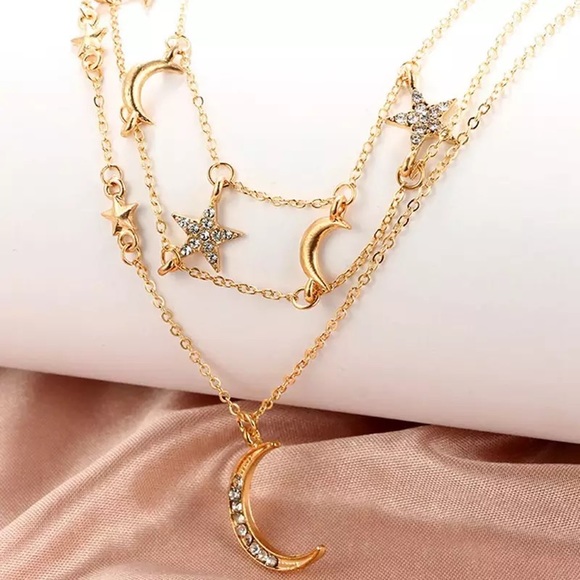 Boho Multilayer Choker Star Moon Crystal Necklace - Picture 7 of 8